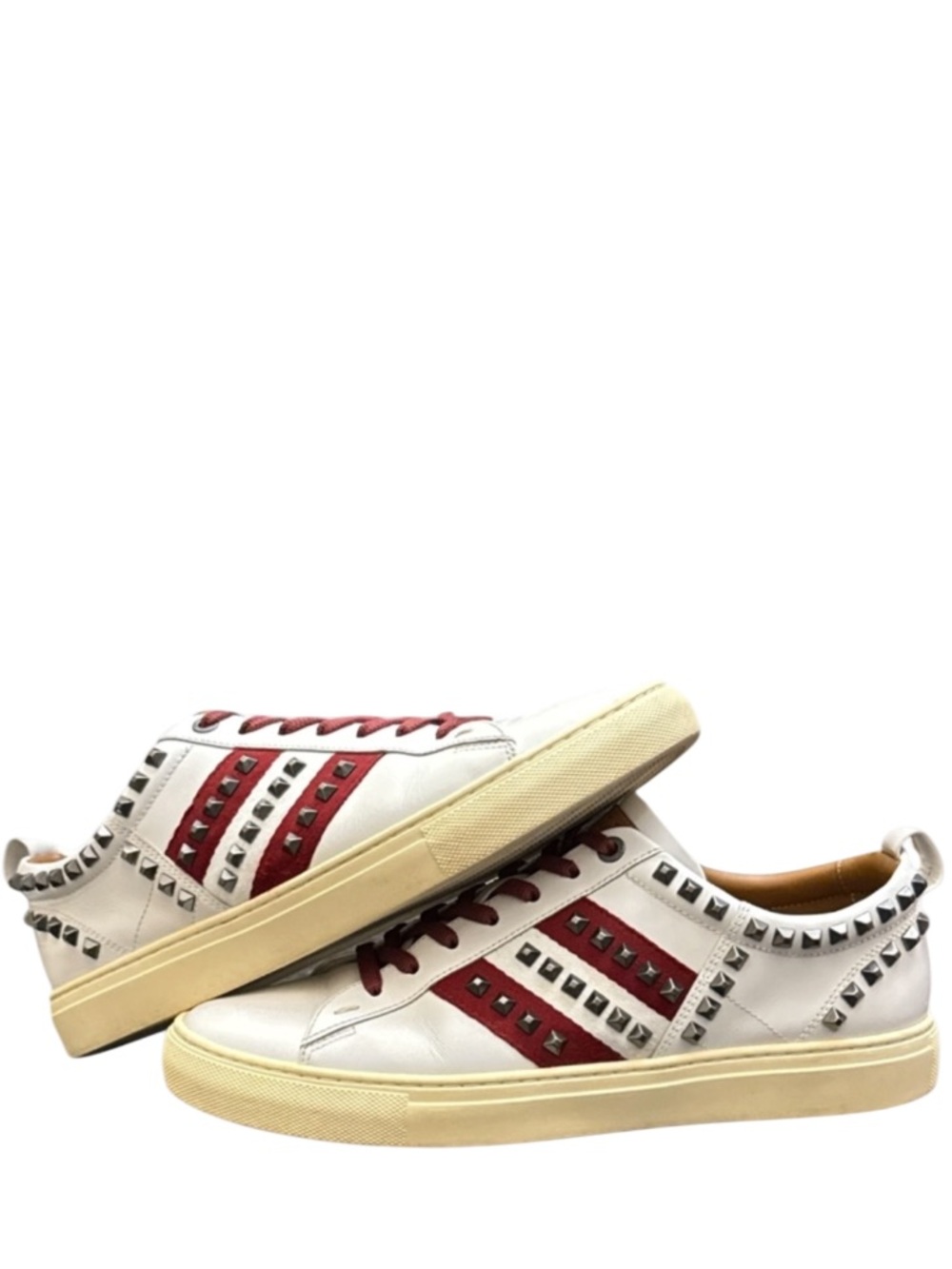 BALLY - WHITE BURGUNDY ALL LEATHER WITH GUNMETAL STUDS SNEAKERS “HELVIO”